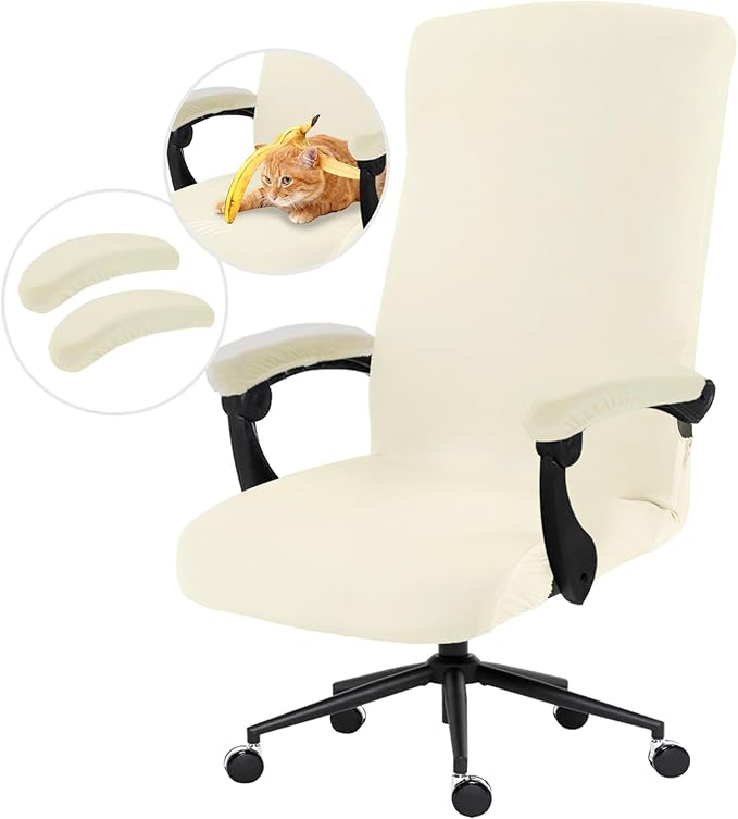 DIVA EN CAMINO DEC Stretch Computer Office Chair Cover with Armrest Covers Durable Zipper Universal Spandex Rotating Boss Chair Slipcovers Anti-dust Soft Desk Chair Seat Protector, Cream
