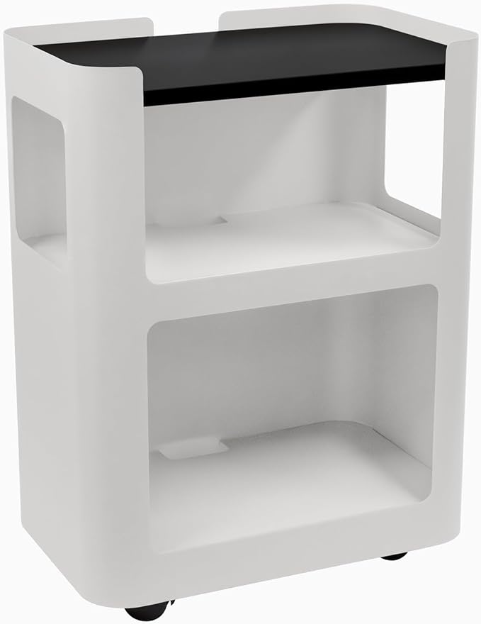 Desky Minimal Open Mobile Pedestal – 3-Tier Open Storage Cabinet with Hidden Swivel Casters and Integrated Cable Management, White Frame/Black