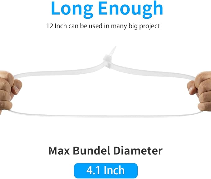 Armpow 12 inch White Zip Ties Heavy Duty 80 PCS, 250 LBS Ultra Exclusive Strong Plastic Wire Ties, Large Cable Ties Extra Long Tie Wraps, Indoor and Outdoor UV Resistant