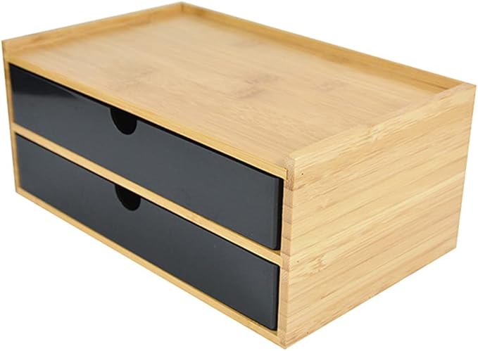 WAYUTO 2-Tier Bamboo Desktop Organizer Simple Wooden Tabletop Storage Organization Box Multi-Scene Drawer Units for Home Bathroom Office Black 2-Drawer