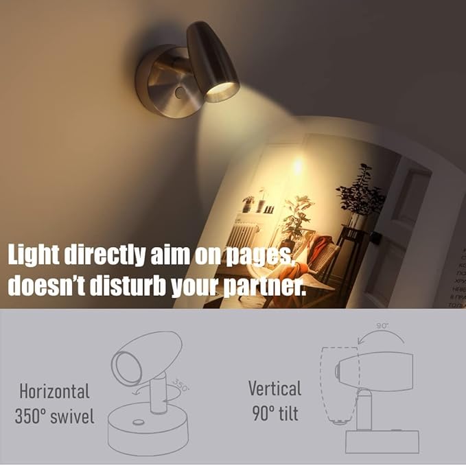 RV Reading Light 12V Swivel LED Spotlight with Quick USB Charger & Blue Nightlight, Camper Van Travel Trailer Bedroom Reading Light,3-1/2" Length,12-24VDC Hard-Wired (Brushed Nickel)