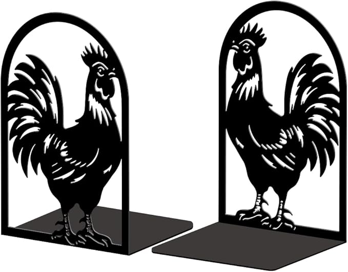 Peacoblue Metal Bookends for Shelves, Modern Decorative Heavy Duty Study Book Support Stoppers for Office, Desk, Shelf, Room 5.3"x4.3"x7.9" Cast Iron Simple Tall Bookends, 1 Pair (Rooster)
