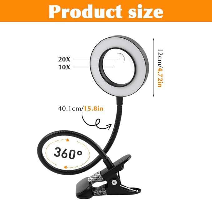 10X Magnifying Glass with Light, 2 in 1 Magnifying Desk Lamp Clip on Mganifier, 3 Color Modes & 10 Brightness Levels, USB Powered Magnifier Light for Bed Crafts DIY Repair(Size:120mm)