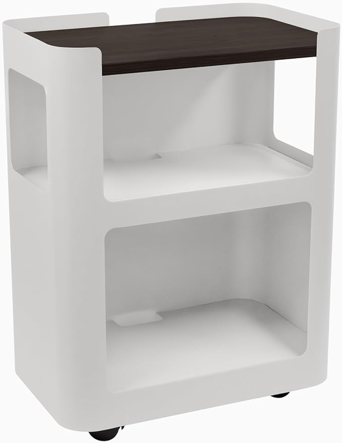 Desky Minimal Open Mobile Pedestal – 3-Tier Open Storage Cabinet with Hidden Swivel Casters and Integrated Cable Management, White Frame/Burnished Wood