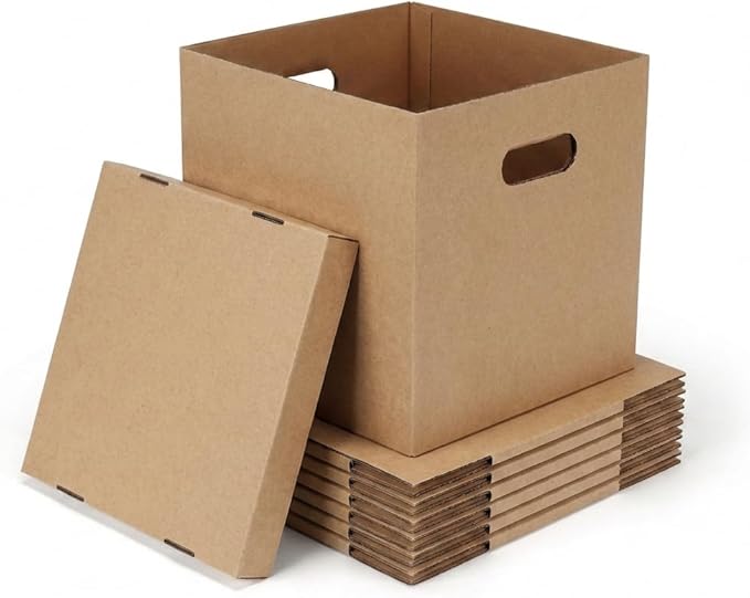 CRUGLA Vinyl Record Storage Boxes with Lids 7 Pack, 13 Inch Cube, Collapsible Corrugated Cardboard, Quick Fold Assembly with Pre-Applied Adhesive, Side Cut-Out Handles, Home Office Organizer