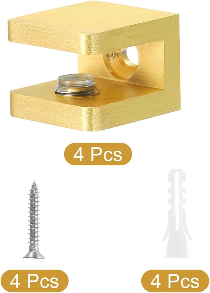 uxcell Glass Shelf Clamp, 4Pcs Brass Glass Clamp for 5-8mm Thick Glass, Adjustable Glass Shelf Bracket Support Holder, Gold