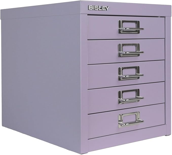 Bisley 5-Drawer Steel MultiDrawer Cabinet - Lilac, Chrome Pull Handles with Label Holders, Powder-Coated Steel, Removable Drawers, Desktop Storage, Labels Included