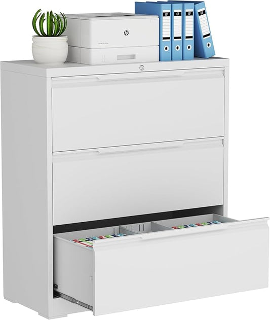 3-Drawer Metal File Cabinet with Lock,Steel Printer Stand with Storage for Home Office,Lateral Filing Cabinet for Legal/Letter/A4 Files,Assembly Required(35.43''W-3 Drawers,White)