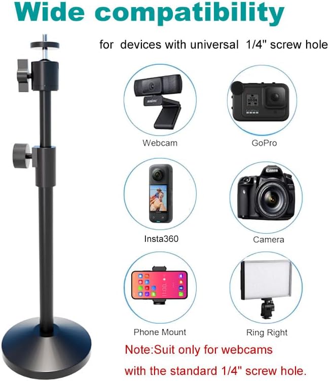 Webcam Stand with Phone Holder, Extendable Desktops Tripod Camera Stand Mount for Logitech Webcam C922 C930e C920S C920 C615 C960 C920x BRIO 4K NexiGo N60, Ring Light, GoPro, with 1/4" Thread