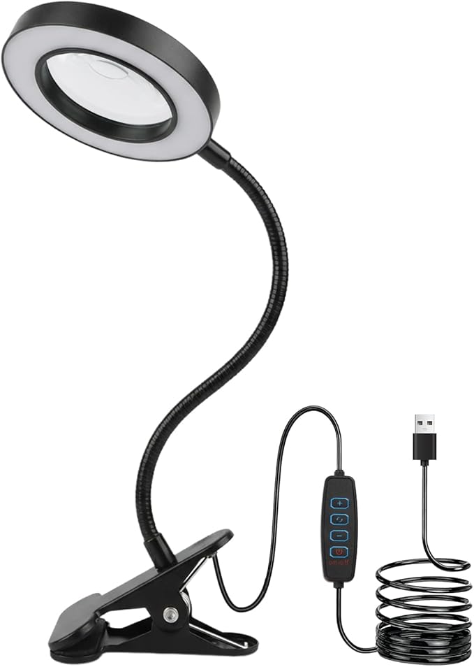 10X Magnifying Glass with Light, 2 in 1 Magnifying Desk Lamp Clip on Mganifier, 3 Color Modes & 10 Brightness Levels, USB Powered Magnifier Light for Bed Crafts DIY Repair(Size:120mm)