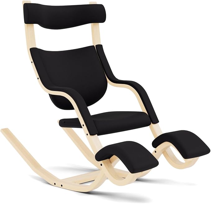 Varier Gravity Balans Recliner and Kneeling Chair Designed by Peter Opsvik, Relax Into Weightlessness, 10-Year Limited Warranty, Black Revive Fabric with Natural Ash Base