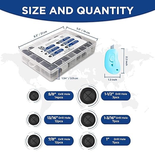 55Pcs Double-Sided Rubber Grommets kit in 6 Assorted Sizes 5/8",13/16",7/8",1",1-3/16",1-1/2"- Round & Waterproof Rubber Grommet - Ideal Solution for Wire Protection
