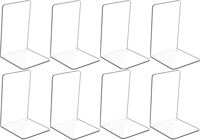 Adwikoso Clear Acrylic Book Ends, 8 Pcs Bookends for Shelves, Non-Slip Book Holder Stand, Decorative Book Stoppers for Heavy Duty Books Office Desktop Organizer