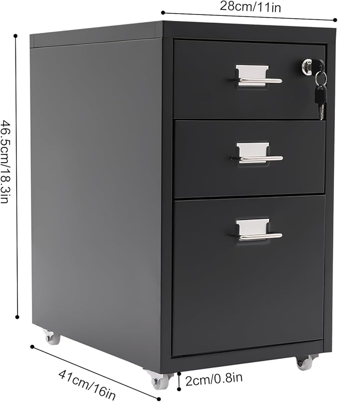 3 Drawer Mobile File Cabinet with Lock, Under Desk Rolling Filing Cabinets with Tag Jacks, Lockable Vertical File Cabinet for Home Office, Easy Assembly (Black)