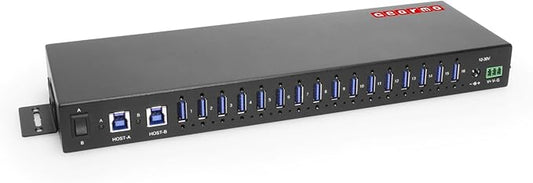Gearmo 16-Port Rack Mount USB Hub - Powered USB 3.0 Type A Ports, Dual Upstream Ports, 5Gbps Speed, ESD Surge Protection, 1U Rack Industrial USB Hub