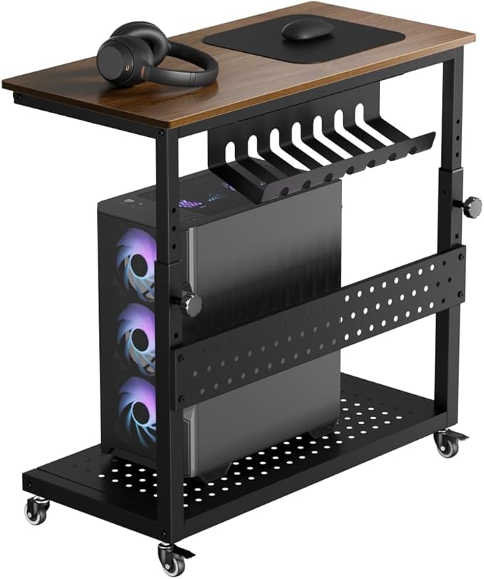 2-Tier Rolling Computer Tower Stand with Cable Management Rack, Height Adjustable CPU Holder Cart with Hooks for Gaming Home Office, PC Stand Fits Under Desk,Walnut