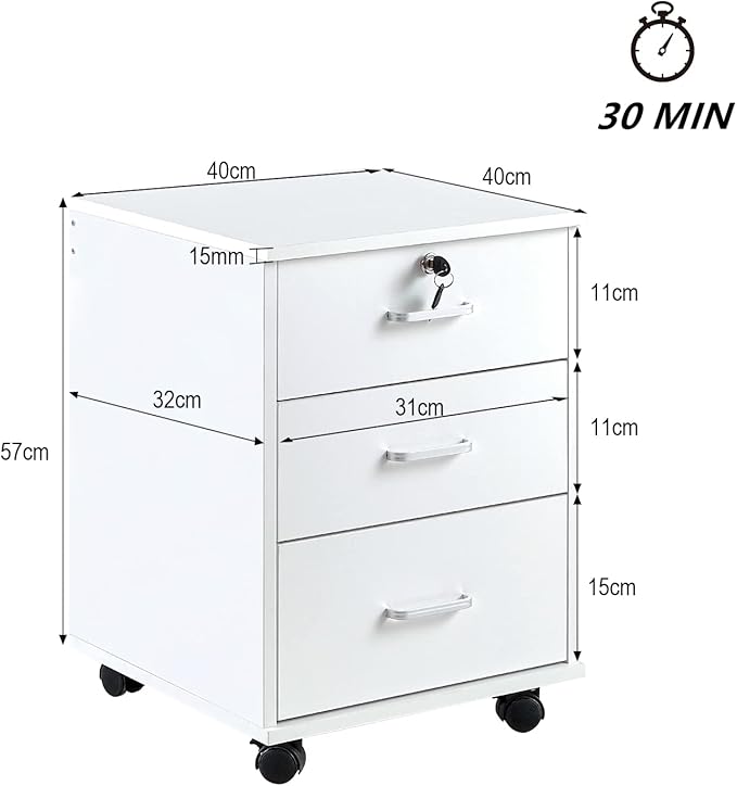 OFCASA 3 Drawer File Cabinet with Lock, Small Rolling Filing Cabinets for Home Office, Wooden Under Desk File Cabinet with Wheels, Mobile Storage Cabinet Printer Stand, for Letter/Legal/A4 Size, White