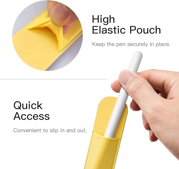 MoKo Pencil Holder Sticker Fit Apple Pencil Pro, Apple Pencil (USB-C), Apple Pencil 1st/2nd Generation, Elastic Pencil Pocket Pouch Adhesive Sleeve Attached to iPad Case for Stylus Pens, Light Yellow