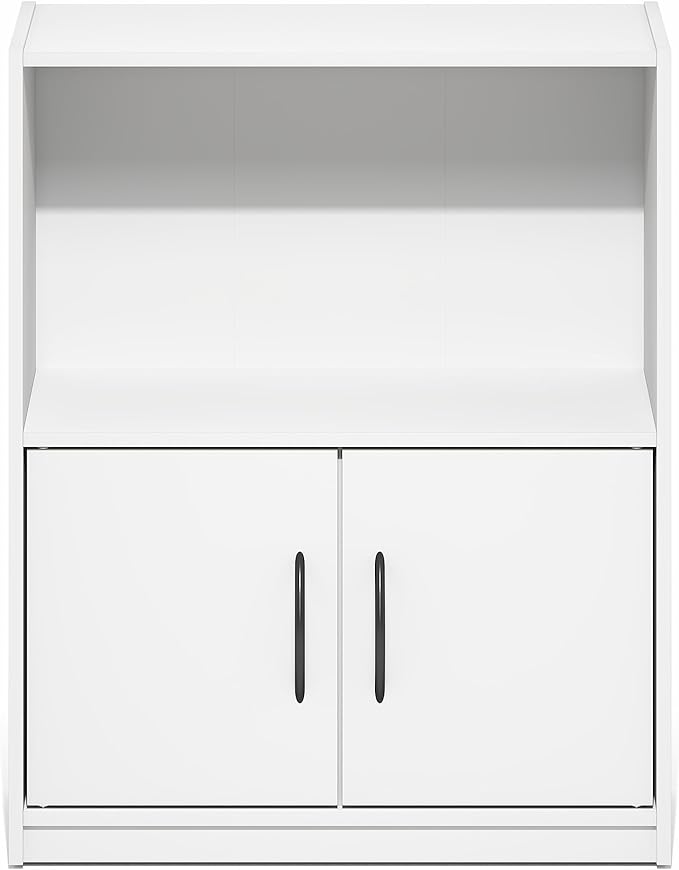Furinno Gruen Book Shelf, 2-Tier Small Bookshelf, Bookcase with Open Shelf and Doors Storage Cabinet, 9.3 x 21.8 x 27, for Organization and Storage, for Living Room, Bedroom, Home Office, White