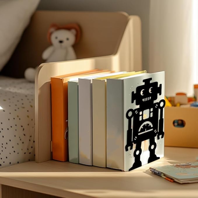 Peacoblue Metal Bookends for Shelves, Modern Decorative Heavy Duty Study Book Support Stoppers for Office, Desk, Shelf, Room 5.3"x4.3"x7.9" Cast Iron Simple Tall Bookends, 1 Pair (Robot)