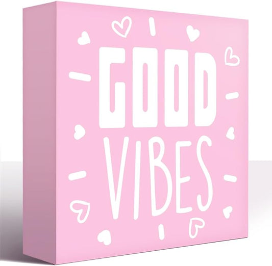 LVQHI Pink Decor For Desk, Good Vibes Sign Wood Box,Inspirational Office Desk Decor For Women, Small Motivational Home Bedroom Table Accessories Decoration Signs 5"x5"x1.2" In