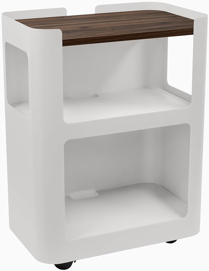 Desky Minimal Open Mobile Pedestal – 3-Tier Open Storage Cabinet with Hidden Swivel Casters and Integrated Cable Management, White Frame/Jarrah Legno