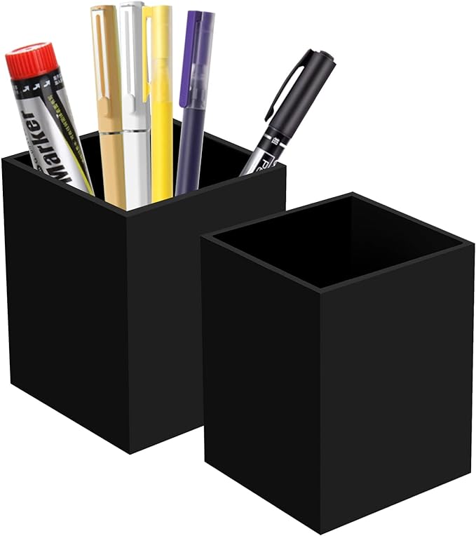 Ptaedex 2 Pack Acrylic Pen Pencil Holder, Black Makeup Brush Holder Cup Storage Office Desktop Desk Table Stationery Organizer