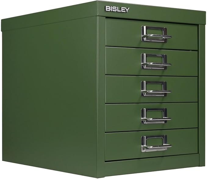 Bisley 5-Drawer Steel MultiDrawer Cabinet - Olive Green, Chrome Pull Handles with Label Holders, Powder-Coated Steel, Removable Drawers, Desktop Storage, Labels Included