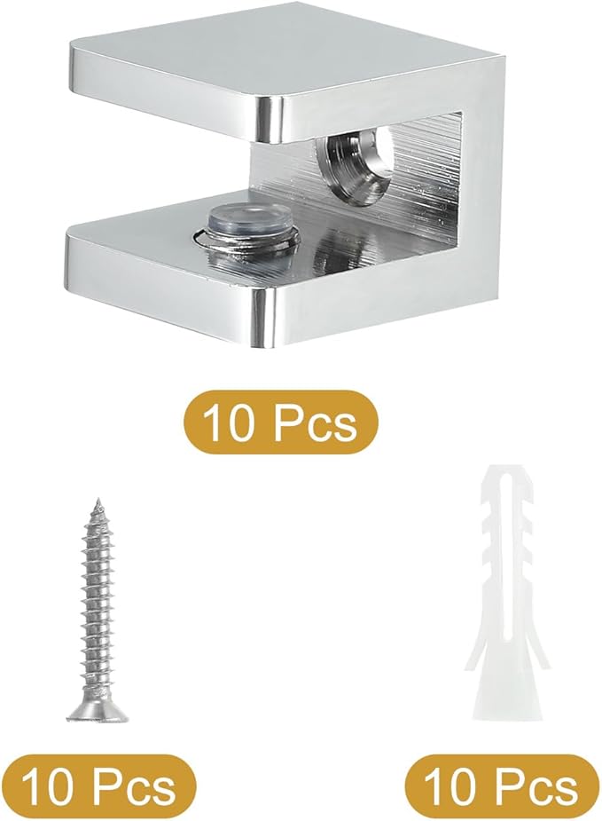 uxcell Glass Shelf Clamp, 10Pcs Brass Glass Clamp for 8-10mm Thick Glass, Adjustable Glass Shelf Bracket Support Holder, Silver
