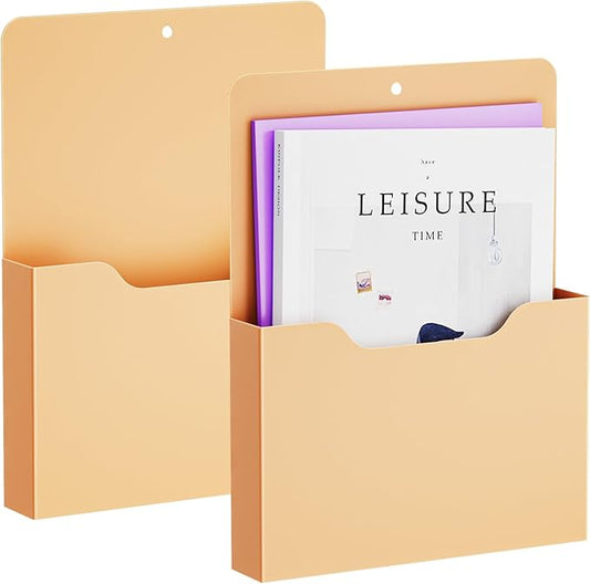 2 Pack Magnetic File Holder - Paper Holder, Pocket Organizer,Hanging Wall File Organizer Office Supplies Storage, Magazine Mail Organizer Case for Notebooks,Planners,Letter (Orange)