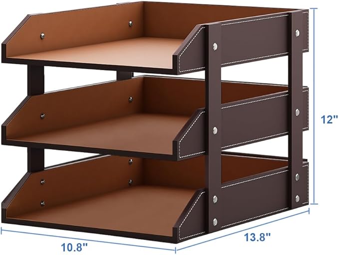 Leather Desk Organizer, Thipoten 3-Tier Stackable Letter Tray Holder for Office Supplies, Paper, File, Magazine, Perfect Office Organization for Desktop (Brown-3Tiers)