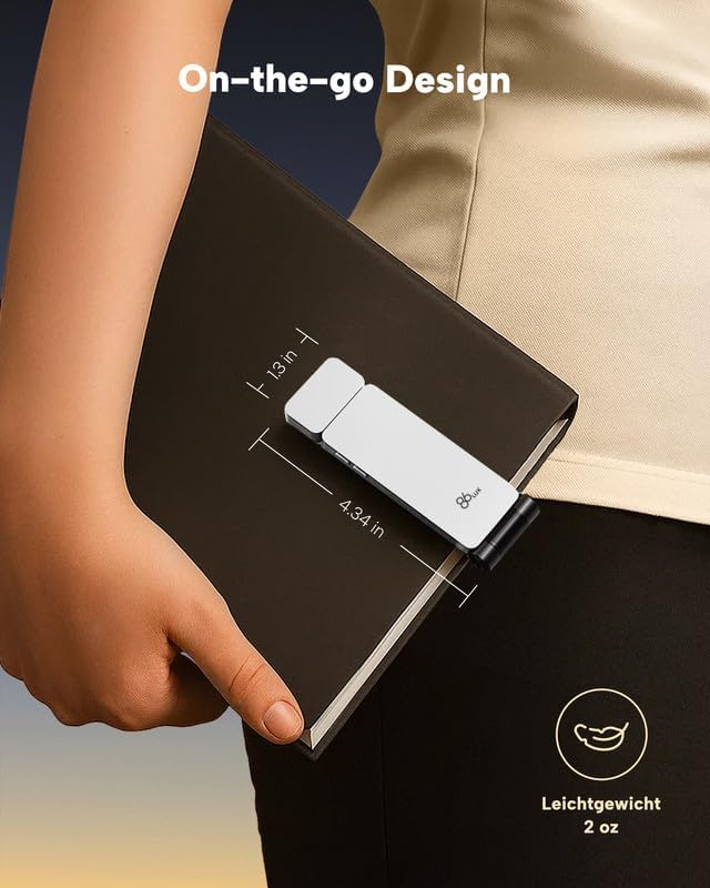 86lux Book Light, Rechargeable Clip-On LED Reading Light for Bed & Night Use - 3 Color Temperatures with Stepless Dimming, Ultralight Bookmark Design for Kids, Book Lovers, White
