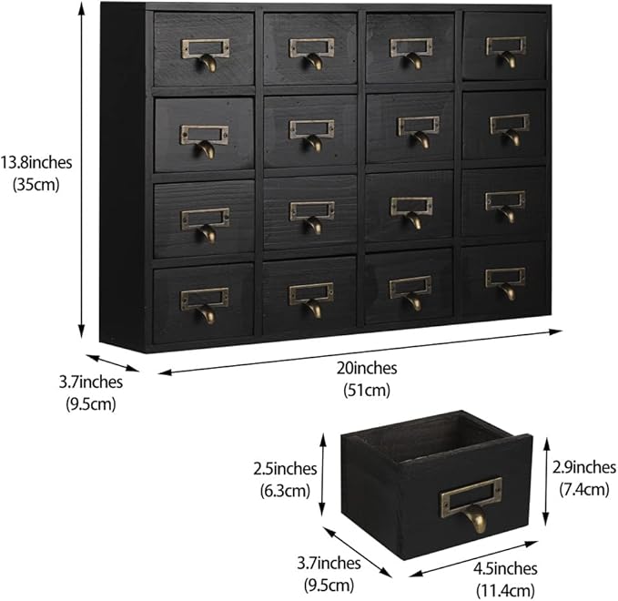 16 Drawers Apothecary Cabinet with Drawers Tabletop Apothecary Chests and Cabinets Library Card Catalog Cabinet Herb Storage Box Wooden Desk Drawer Organizer Medicine Vintage Furniture(BLACK)