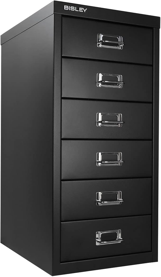 Bisley 6-Drawer Steel MultiDrawer Cabinet - Black, Chrome Pull Handles with Label Holders, Powder-Coated Steel, Removable Drawers, Fits Under Most Desks, Labels Included