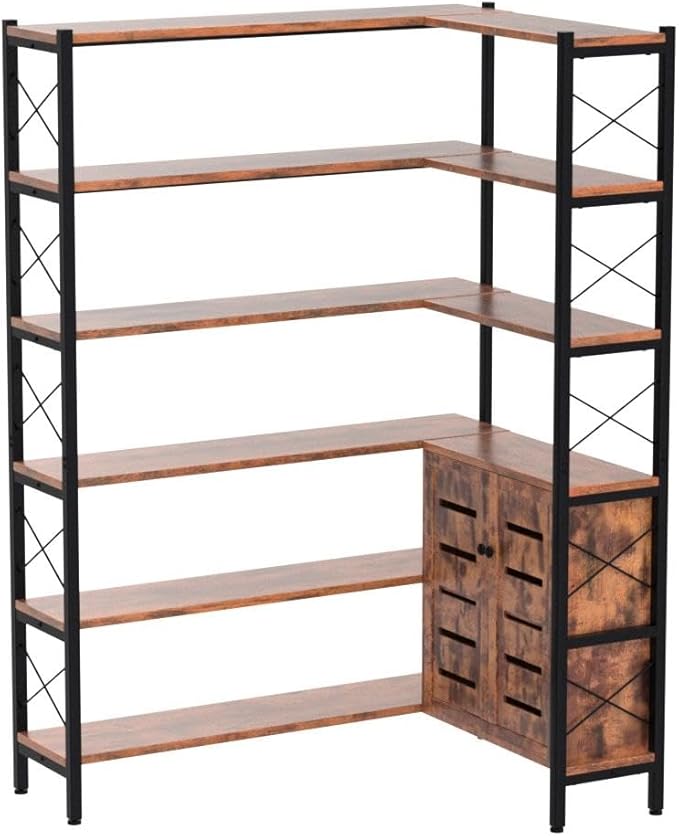 Wildhome 6-Shelf Corner Bookshelf, Vintage Industrial Corner Shelf Etagere Bookcase, Large Book Shelf with Metal Frame Open Storage Corner Cabinet (Brown-Lockers)