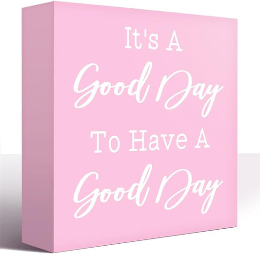 LVQHI Pink Decor For Desk, It's A Good Day To Have A Good Day Sign Wood Box,Inspirational Desk Decor For Women, Small Motivational Home Bedroom Table Accessories Decoration Signs 5"x5"x1.2" In