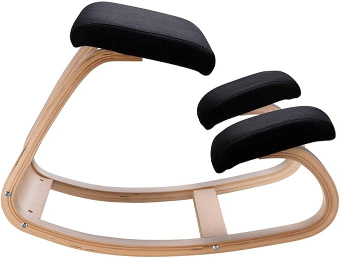 Desky Ergonomic Black Kneeling Chair – Adjustable Wooden Frame with Cushioned Seat and Knee Pads, Natural Finish, Home Office & Study Support