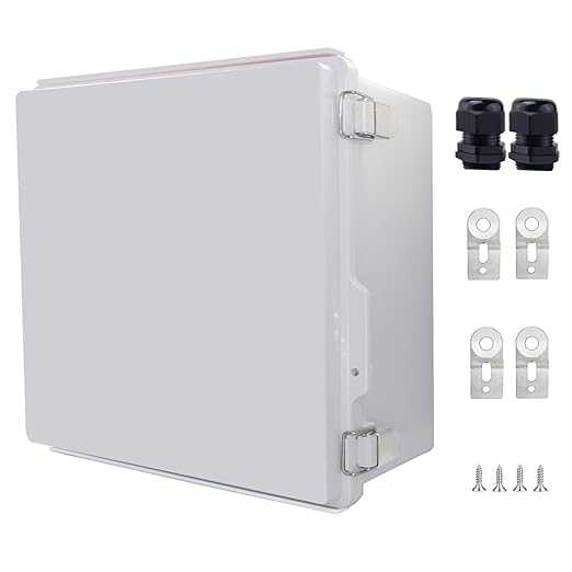 IP67 Waterproof Junction Box, ABS Plastic Electrical Enclosure with Stainless Steel Latch, Hinged Cover Electric Box with Mounting Plate, Wall Brackets & Cable Glands 300x300x180mm
