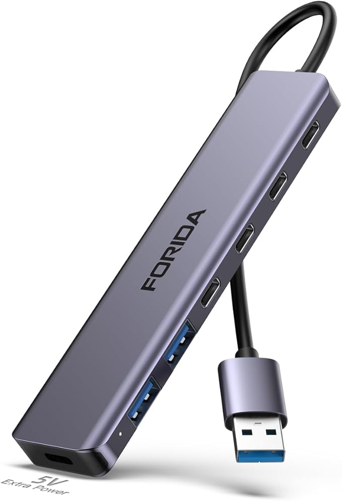 FORIDA Aluminum Alloy 7-Port USB Hub, Portable Multiport USB Splitter Adapter with 4 USB-C 3.0, 2 USB 2.0, 5V Charging Port, Fast USB Extender Compatible with Laptop, PC, Desktop Computer
