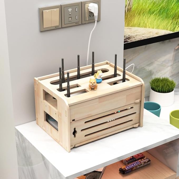 Cable Organizer Box Solid Wood Router Storage Box Wall-Mounted WiFi cat Plug-in Wire Board Placement Shelf Desktop Set-top Box Rack Cable Management Box (Size : L)