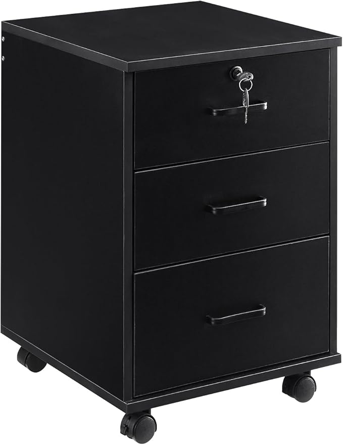 OFCASA 3 Drawer File Cabinet with Lock, Small Rolling Filing Cabinets for Home Office, Wooden Under Desk File Cabinet with Wheels, Mobile Storage Cabinet Printer Stand, for Letter/Legal/A4 Size, Black