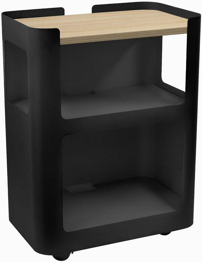 Desky Minimal Open Mobile Pedestal – 3-Tier Open Storage Cabinet with Hidden Swivel Casters and Integrated Cable Management, Black Frame/Classic Oak