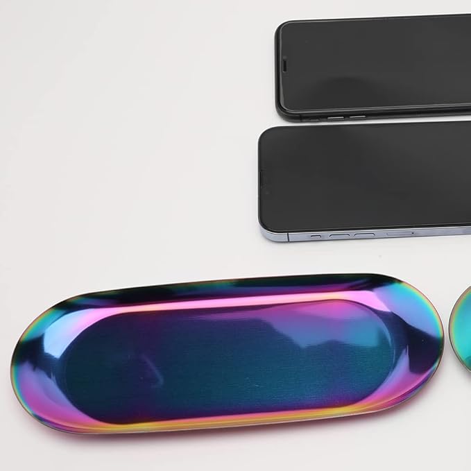 Fermus Stainless Steel Decorative Tray, Set of 2, 9 Inch Long, Jewelry Dish Cosmetics Organizer Bathroom Clutter Serving Platter Small Storage Tray, Oval, Holographic