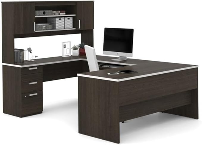 Pemberly Row U-Shaped Computer Desk, Dark Chocolate Finish, 93.6 in x 65 in x 65.9 in, Durable Melamine Surface, Hutch Storage, Lockable File Drawer, Keyboard Tray, Reversible Office Desk