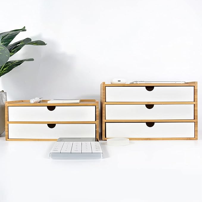 WAYUTO 2-Tier Bamboo Desktop Organizer Simple Wooden Tabletop Storage Organization Box Multi-Scene Drawer Units for Home Bathroom Office Black 2-Drawer