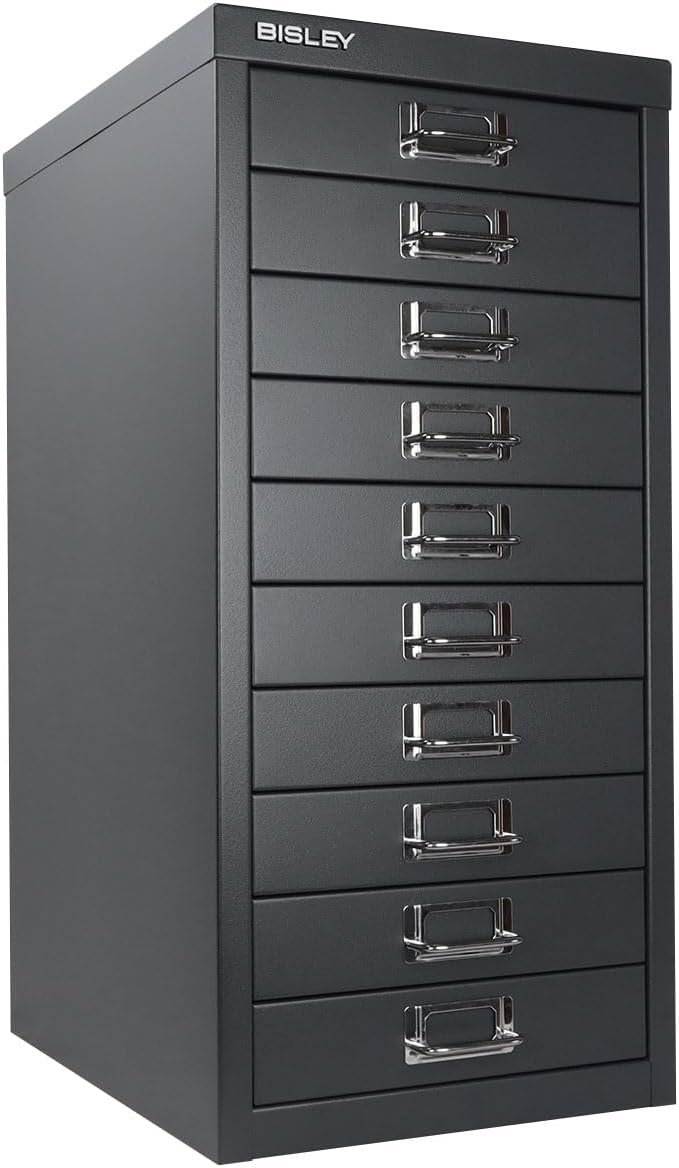 Bisley 10-Drawer Steel MultiDrawer Cabinet - Anthracite Grey, Chrome Pull Handles with Label Holders, Powder-Coated Steel, Removable Drawers, Fits Under Most Desks, Labels Included