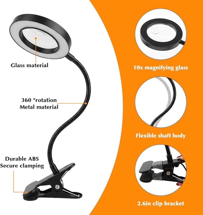 10X Magnifying Glass with Light, 2 in 1 Magnifying Desk Lamp Clip on Mganifier, 3 Color Modes & 10 Brightness Levels, USB Powered Magnifier Light for Bed Crafts DIY Repair(Size:120mm)