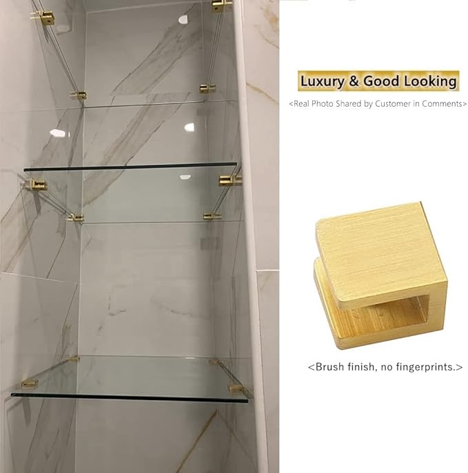 Glass Shelf Clamp, No-drill-on-glass Fixed Panel Glass Shelf Clip Holder Bracket Support Fixed U-Clamp (Pack of 10, Brass)
