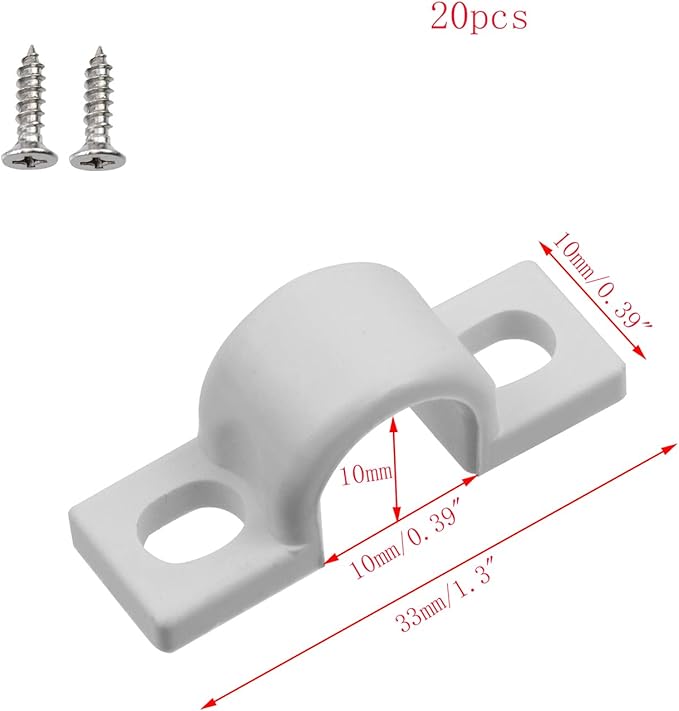 20pcs Wire Shelf Loop Clips White Two Holes Pipe Tube 2/5" U Bracket Clamps 10MM Conduit Pipe Strap Clamps for Wire Cable Tube (White, Fit for 10mm)