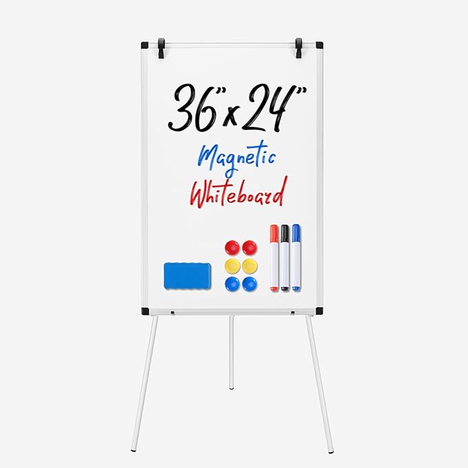 DUMOS White Board Easel 36 x 24 Inches, Magnetic White Board Dry Erase, Porbable Boards Height Adjustable, Dry Erase Board with Stand for School, Office and Home, Silver Aluminium Frame, White